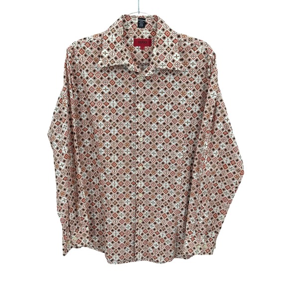 Hugo Boss Shirt Mens Large Tan Diamond Geometric Button Up Cotton Preppy Retro - Picture 1 of 6